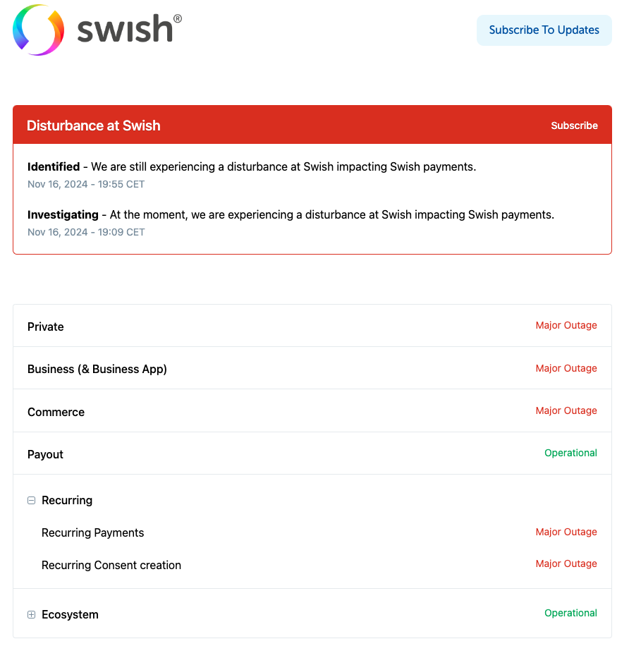 swish ligger nere